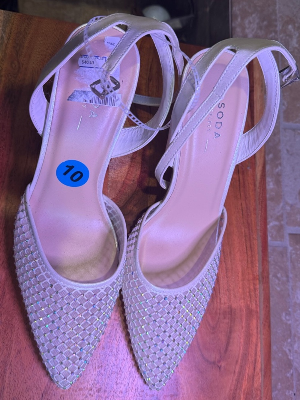 Soda Blush Pink Pointed Slingback Heels with Rhinestone Mesh